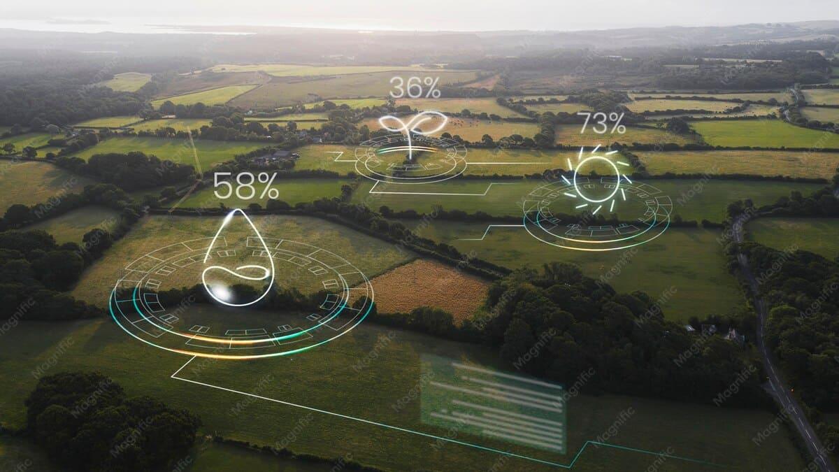 Aerial view of commercial agricultural fields under active crop management